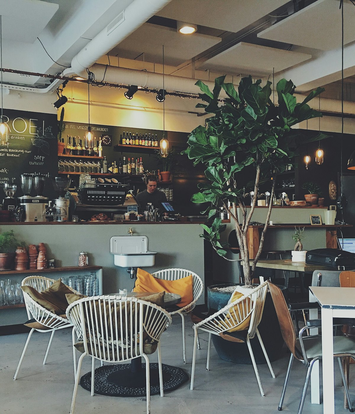 Bright deli dining room with plants