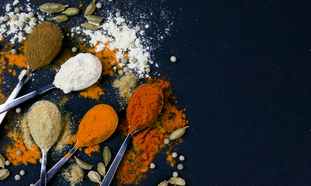 Spoons of colourful ground spices